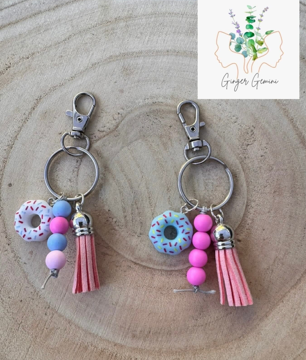 Handmade Blue Sprinkle Donut Charm Beaded Keyring with Tassel and Swivel Lobster Clasp