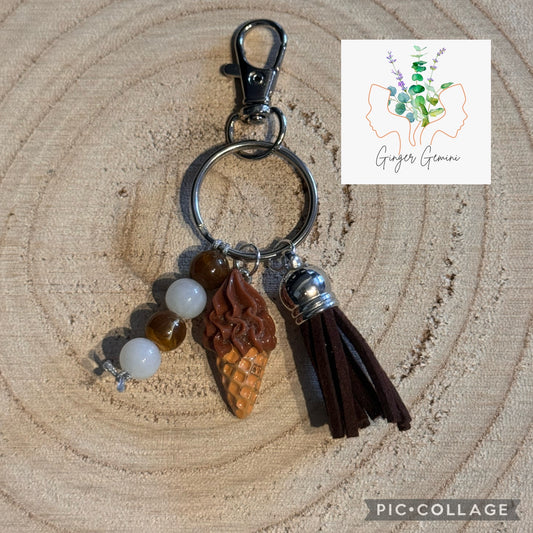 Handmade Chocolate Ice Cream Beaded Keyring with Tassel and Swivel Lobster Clasp