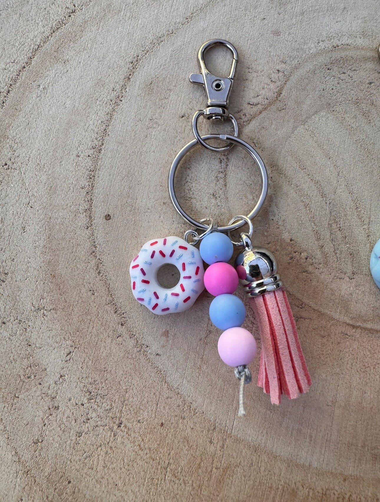 Handmade White Sprinkle Donut Charm Beaded Keyring with Tassel and Swivel Lobster Clasp