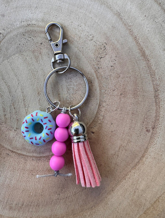 Handmade Blue Sprinkle Donut Charm Beaded Keyring with Tassel and Swivel Lobster Clasp