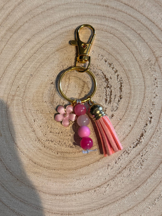 Handmade Pink Flower Beaded Keyring with Tassel and Swivel Lobster Clasp