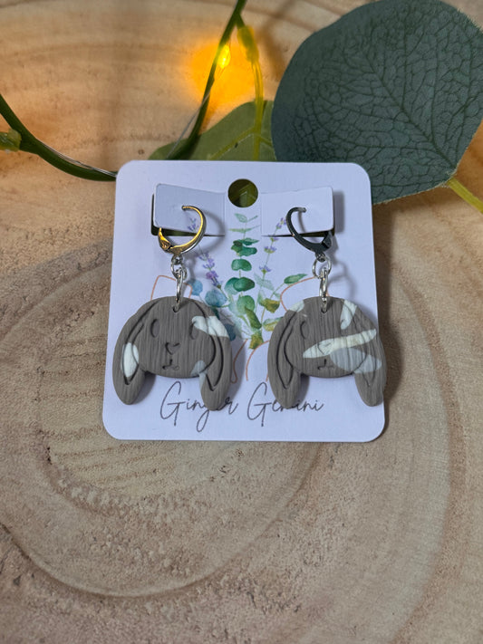 Grey Patch Bunny Polymer Clay Earrings