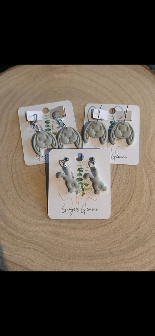 Grey Bunny Polymer Clay Earrings