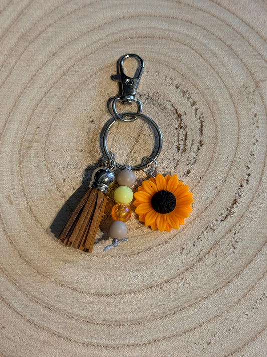 Handmade Sunflower Beaded Keyring with Tassel and Swivel Lobster Clasp